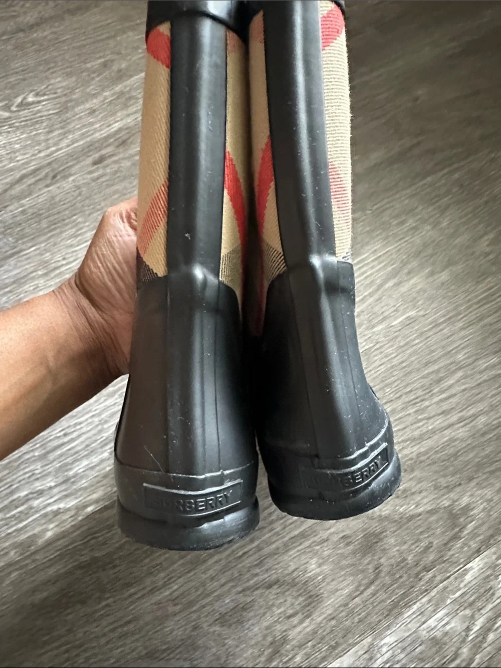 Burberry Kids Black Rubber Rain Boots with Beige Check Plaid Shaft